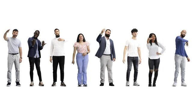 A group of people, in full height, on a white background, are invited to their place