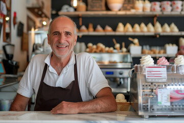 Ice-cream salesman, older experienced working man with a friendly smile in a summer sweets and desserts shop with copy space - obrazy, fototapety, plakaty