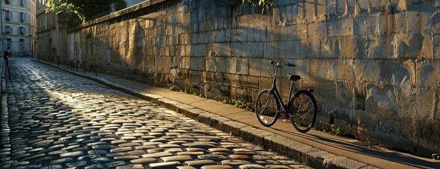 Photo sur Plexiglas Vélo Lone bicycle casting a long shadow on an old Paris street, evoking nostalgia, copy space