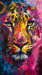 A vibrant, expressive painting of a tiger's face with bold, abstract colors conveying power and intensity