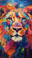 This digital painting of a lion brings a softness to its gaze amid a burst of colors
