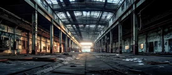 Fotobehang Abandoned industrial complex warehouse in high dynamic range image. © Vusal
