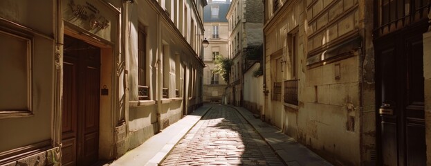 Mysterious alleyway in Paris, light and shadow on the walls, inviting exploration, copy space