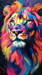 A vibrant abstract painting featuring a majestic lion with a spectrum of colors against a dark background