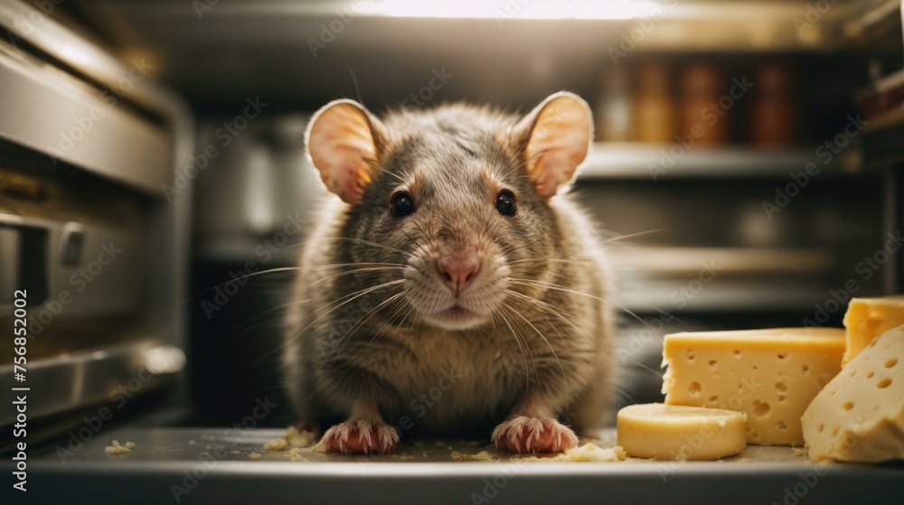 Poster a rat is standing in front of cheese and a knife. generative ai.