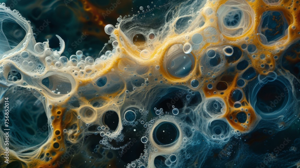 Poster a close up of bubbles and bubbles in a liquid. generative ai.