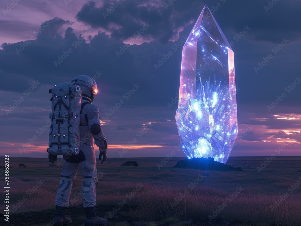 Aufkleber a man in space suit standing in front of a large crystal. generative ai.