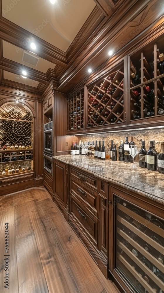 Poster A large wine cellar with a lot of bottles on the counter. Generative AI.