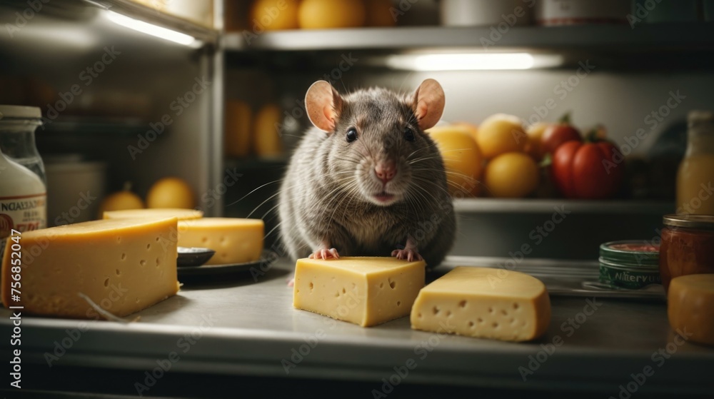 Poster a rat is standing on a counter with cheese on it. generative ai.