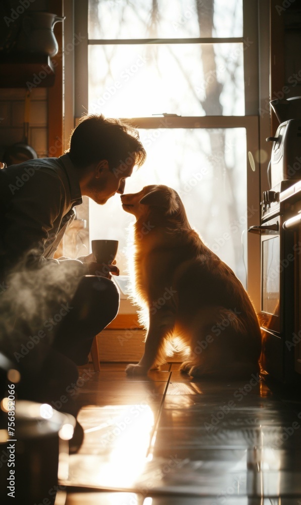Aufkleber a man and dog sitting in front of a window with a cup. generative ai.
