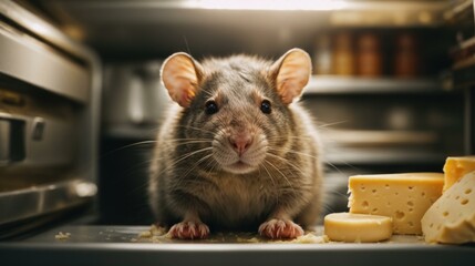 A rat is standing in front of cheese and a knife. Generative AI.