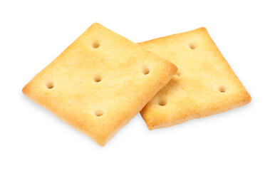 Two crispy crackers isolated on white. Delicious snack