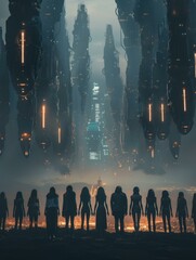 A group of people standing in front of a group of futuristic buildings. Generative AI.