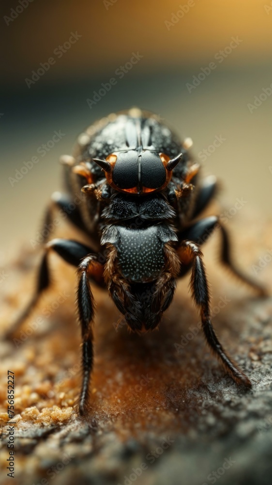 Poster a close up of a bug with a black and orange face. generative ai.