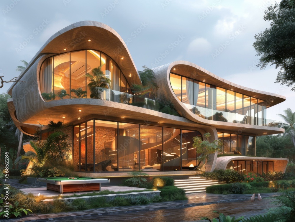 Aufkleber a modern house with curved walls and a pool in the middle. generative ai.