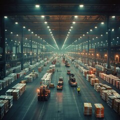 A warehouse with a lot of boxes and trucks in it. Generative AI.