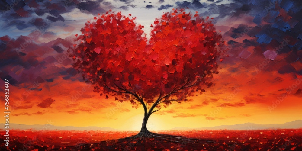 Poster a painting of a tree with a heart shaped shape on it. generative ai.