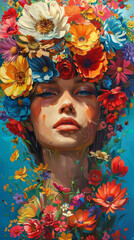 This image showcases a captivating portrait of a woman encircled by a plethora of vividly colored flowers, creating a striking and artistic effect