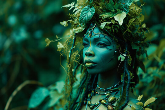 Fantasy beautiful dryad woman in fairy forest. Fabulous mythical creature symbolizing Earth. Magic character, pagan spirit of the forest. Nature and man concept