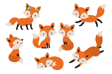 Cute fox couple cartoon vector illustration set. Foxes in various poses such as standing, sitting, and sleeping.