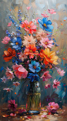 An impressionistic painting of a floral arrangement in a glass vase showcasing vivid colors and textures