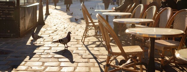 Whimsical shadows of Parisian life, pigeons and cafe tables, on sunny sidewalks, copy space