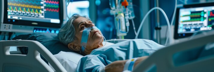 Critical elderly hospital patient with equipment - An aged individual in critical condition in a hospital with life-saving medical technology assistance - obrazy, fototapety, plakaty