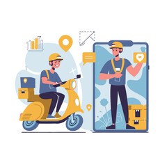 2d vector illustration A courier wearing a shirt is delivering a package mobile with location gps