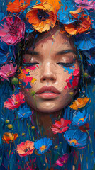 A close-up of a woman's face partially covered with colorful brush strokes and flower petals, evoking a peaceful aura