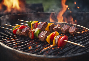 Espetinhos de carne com legumes assados na churrasqueira em fogo alto.
