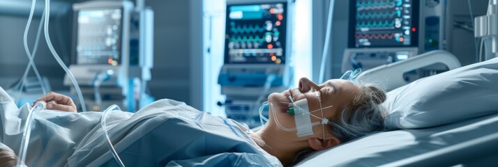 Hospital room with a patient on life support - A critical patient lying in a hospital bed connected to life support systems, illustrating healthcare and emergency - obrazy, fototapety, plakaty