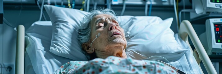 Intensive care patient in a hospital - An elderly patient receiving critical medical care in a hospital bed, surrounded by advanced monitoring equipment - obrazy, fototapety, plakaty