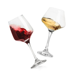 Different types of wine splashing in glasses on white background