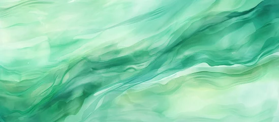 Fotobehang An artistic close up of a swirling green and white marble texture that resembles a fluid wave in the ocean, with hints of electric blue representing the sky © TheWaterMeloonProjec