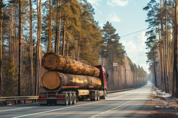 Truck transporting logs on a rural road - A red truck loaded with large timber logs driving along a scenic forest road cast in the warm light of the setting sun - obrazy, fototapety, plakaty