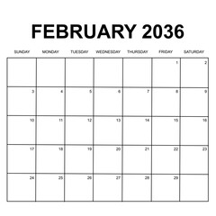 february 2036. monthly calendar design. week starts on sunday. printable, simple, and clean vector design isolated on white background. - obrazy, fototapety, plakaty
