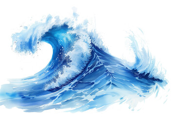 Massive watercolor blue wave with splashes isolated on transparent background. One sea wave created by strong typhoon or gale. Side view.
