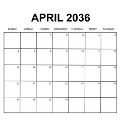 april 2036. monthly calendar design. week starts on sunday. printable, simple, and clean vector design isolated on white background.