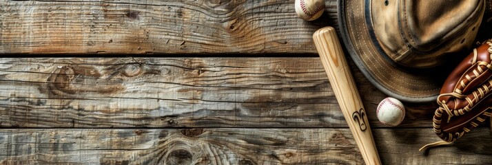 Vintage baseball gear on rustic wooden background - An image evoking nostalgia with vintage baseball gear laid out on an old wooden surface, symbolizing America's favorite pastime