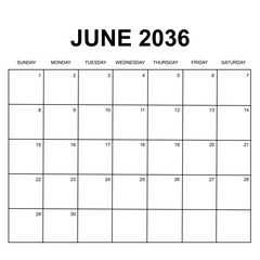 june 2036. monthly calendar design. week starts on sunday. printable, simple, and clean vector design isolated on white background.