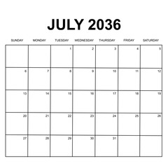 july 2036. monthly calendar design. week starts on sunday. printable, simple, and clean vector design isolated on white background. - obrazy, fototapety, plakaty