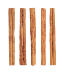 Aromatic dry cinnamon sticks isolated on white, set