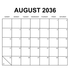 august 2036. monthly calendar design. week starts on sunday. printable, simple, and clean vector design isolated on white background.