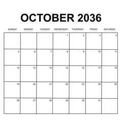 october 2036. monthly calendar design. week starts on sunday. printable, simple, and clean vector design isolated on white background.