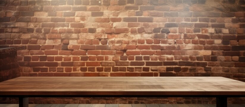 Empty wooden table with blurred glass window, sunlight creating shadows on the wall, a solid colored textured background, and a brick wall building banner mockup