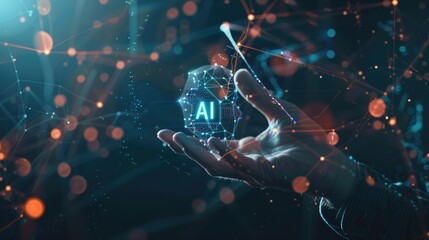 Businessman holding a virtual hologram icon with text "AI" in his hand and digital glowing technology in the style of a futuristic concept