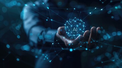Businessman holding a virtual hologram icon with text "AI" in his hand and digital glowing technology in the style of a futuristic concept