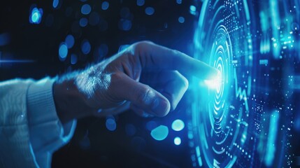 Businessman holding a virtual hologram icon with text "AI" in his hand and digital glowing technology in the style of a futuristic concept