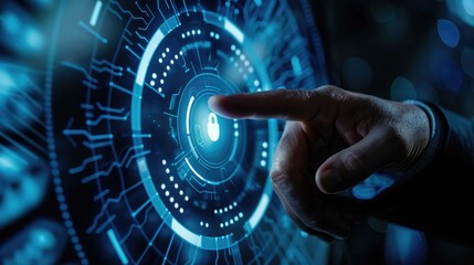 Businessman holding a virtual hologram icon with text "AI" in his hand and digital glowing technology in the style of a futuristic concept