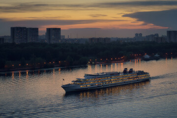 Ship is sailing on river near cityscape at golden sunset with reflections on the water in the city